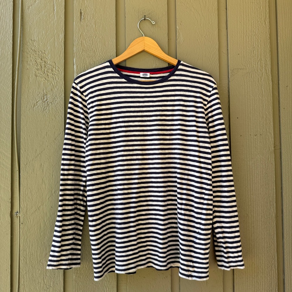 Armor Lux 8166 Breton Stripe Shirt Mens M Navy White Cotton Linen Long Sleeve